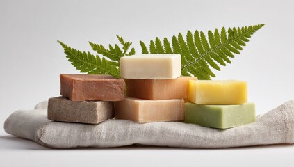 Assorted natural soaps on linen cloth with fern