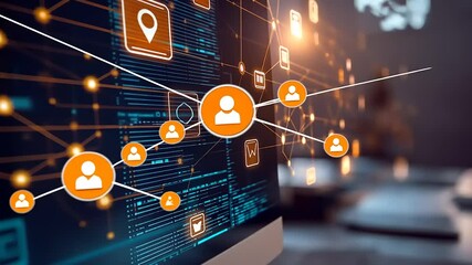 Digital network connections displayed on a computer screen, illustrating data flow and user interaction - Powered by Adobe