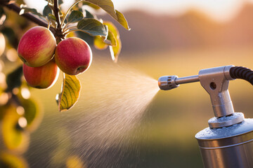 Close-up of pesticide sprayer aimed at ripe apples on tree. Concept of agriculture, crop protection, and chemical use in food production