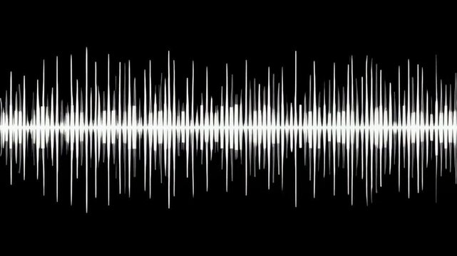 Soundwave graphic with white waveform on black background showing digital audio signal pattern featuring sharp peaks and valleys in modern style