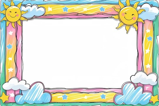 Adorable crayon drawing frame with a simple blue sky and green grass design. A cute and whimsical hand-drawn border perfect for children's announcements, drawings, or school activities