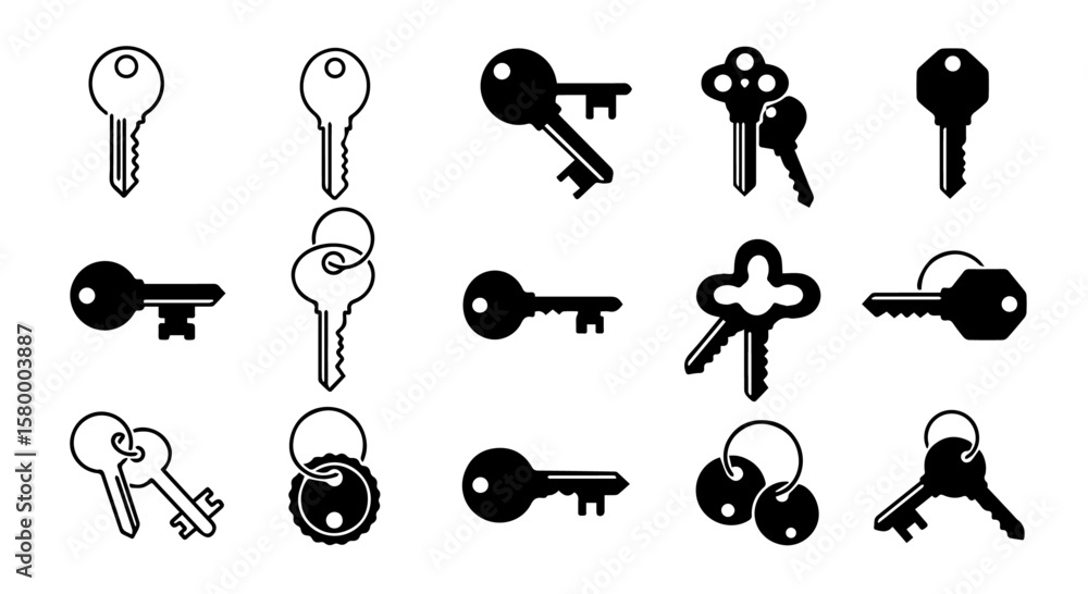 Poster collection of various black and white keys offering access, security, and unlocking possibilities in