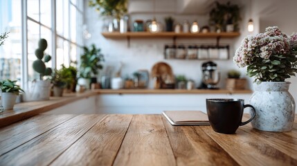 Wooden table with black coffee mug, notebook, and flower vase in kitchen. Ideal for blog posts about home decor, or healthy cooking recipes.