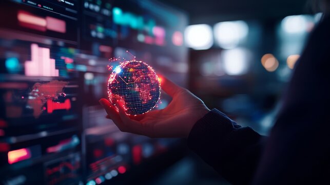 Businesswoman holding a digital globe with glowing network connections in a futuristic technology environment emphasizing global connectivity and innovation