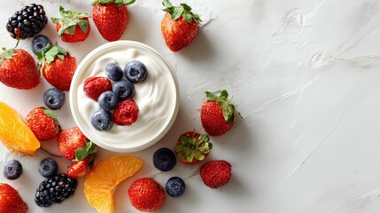 Creamy yogurt topped with fresh berries and orange slices, surrounded by more fruit.