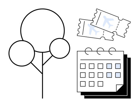 Airplane tickets, a calendar, and a tree icon evoke concepts thumbs up travel, vacation planning, environmental awareness, and time management. Ideal for tourism, holidays, scheduling eco-travel