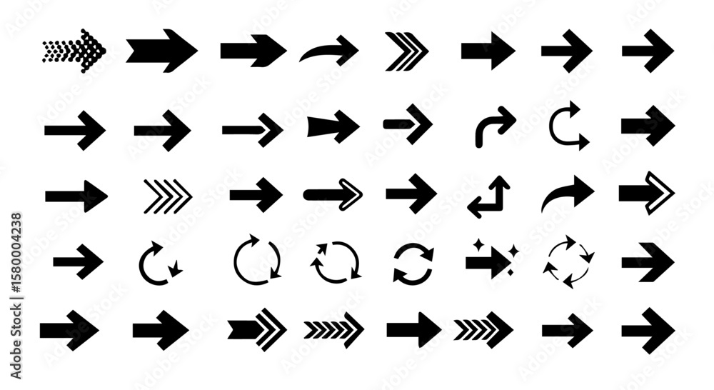 Poster set of direction symbols, various arrow vector shapes pointing right and other directions, design re