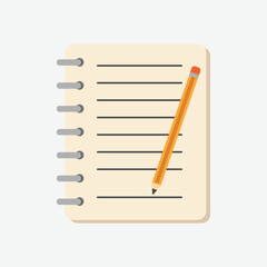 Notebook and pencil vector – Flat illustration of a spiral notebook with a pencil. Great for school themes, study icons, journaling apps, note-taking, and educational content