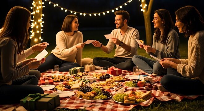 A group of friends enjoys a delightful outdoor picnic at night, sharing food, drinks, and conversation under festive string lights