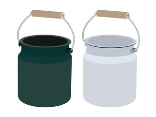 Vintage milk cans with metal handles and wooden grips isolated on white background