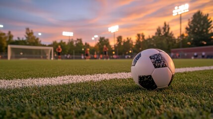 Dynamic soccer scene at dusk featuring a closeup of a black and white soccer ball on lush green grass, stadium lights illuminating a busy field with players warming up, capturing excitement and antic