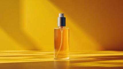 Naklejka premium Amber perfume bottle against a bright yellow backdrop.