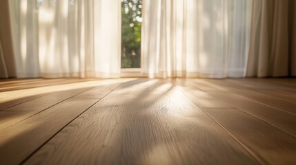 Warm sunlight filtering through sheer curtains creates soft diffused patterns on a wooden floor in a serene cozy living room