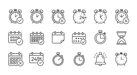 Time management vector icons showcase clocks, calendars, stopwatches, and hourglasses in a linear design for scheduling.