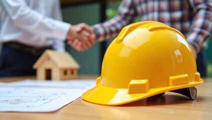 construction worker team hands shaking greeting start up plan new project contract behind yellow safety helmet on workplace desk in office center at construction site, partnership, contractor concept