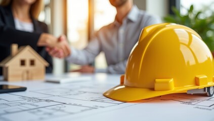 construction worker team hands shaking greeting start up plan new project contract behind yellow safety helmet on workplace desk in office center at construction site, partnership, contractor concept
