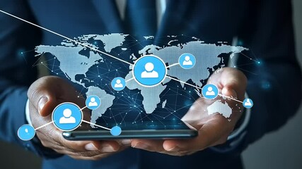 Business professional holding smartphone with global network connections and digital user icons displayed - Powered by Adobe