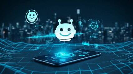 Futuristic smartphone displaying digital data in cityscape - Powered by Adobe