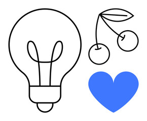 Lightbulb outline, cherry pair, and blue heart emphasizing creativity, love, and nature. Ideal for inspiration, energy, innovation, sustainability health love simple landing page