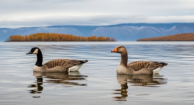 Canada Goose and Greylag Goose Swimming on Lake Baikal, autumn serenity on Russia's stunning Lake Baikal with geese enjoying the tranquil environment