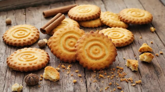 Speculoos, Traditional spice cookies, Crumbled cookies on a rustic wooden surface, Warm brown tones with spices, Natural soft light, Cozy and comforting
