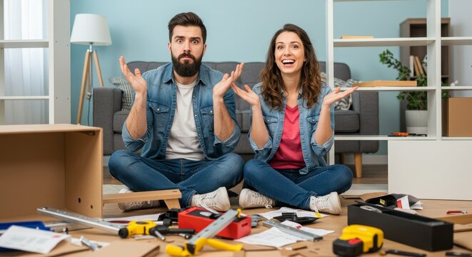 Confused and joyful couple struggling to assemble flat pack furniture at their new home interior