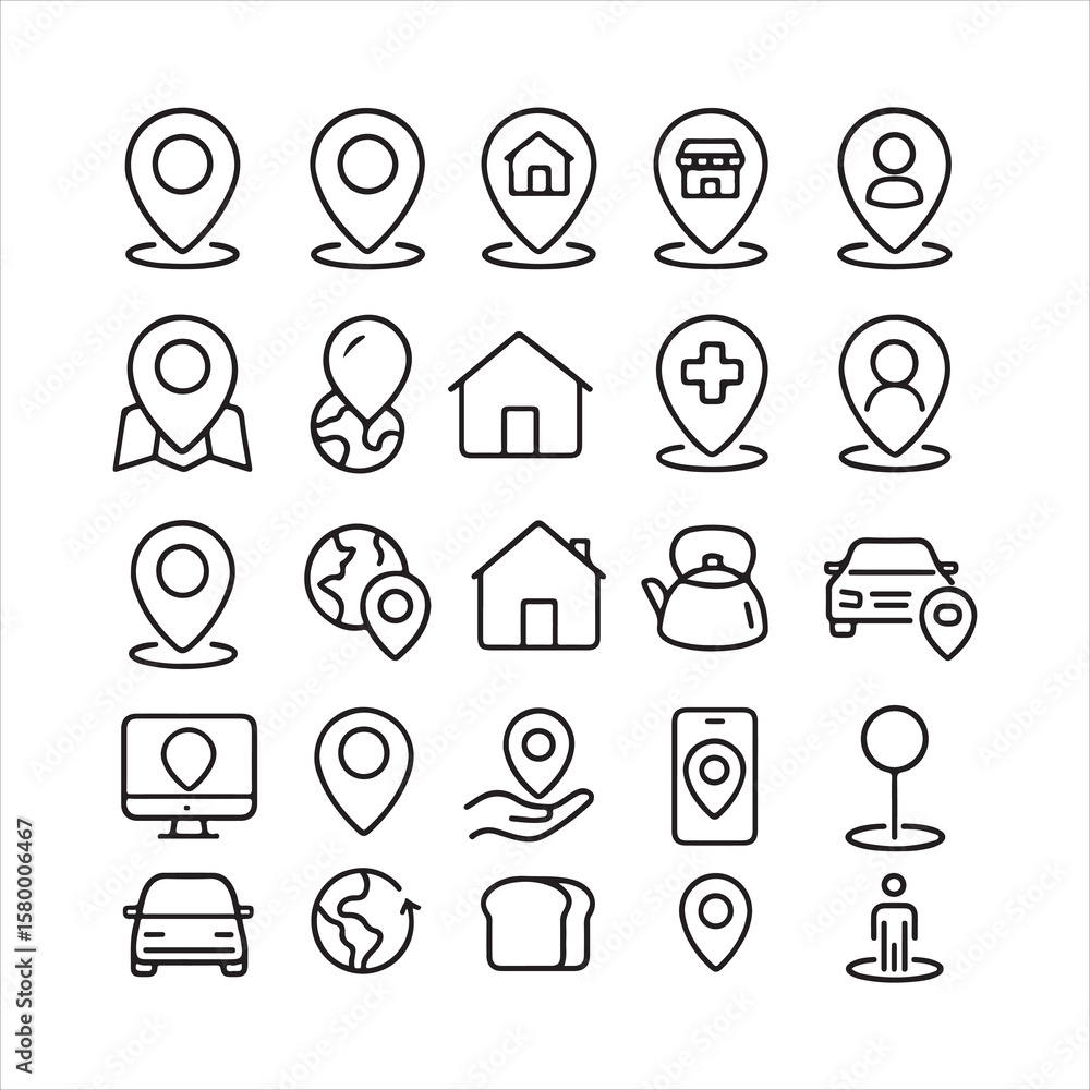 Fototapete digital navigation: a curated collection of modern pin and location icons, rendered in a sleek, cont