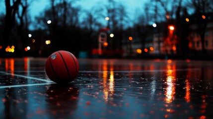 Wideangle shot of a basketball resting on a glossy court with a threepoint line and hoop in the background during evening, capturing a sense of anticipation and sport