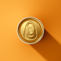 Golden sleek can, shot from above, placed on a bright yellow background with sharp shadow. 3D rendering.