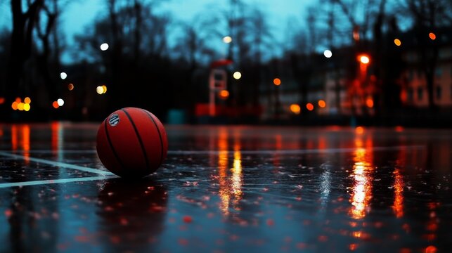 Wideangle shot of a basketball resting on a glossy court with a threepoint line and hoop in the background during evening, capturing a sense of anticipation and sport