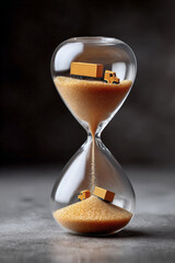 Import Tariffs Trade concept. Hourglass with miniature trucks representing time and transport.