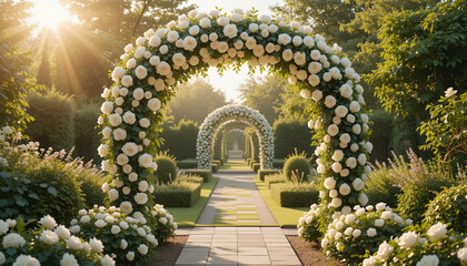 Fototapeta premium Picturesque Pathway Through a Floral Archway in a Sunlit Garden, A Serene Natural Scene