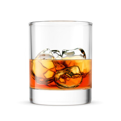 A clear glass filled with amber-colored whiskey and ice cubes isolated. 3D rendering illustration. Transparent PNG image.