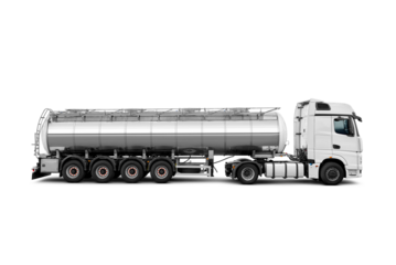 Large tank truck, chrome stainless steel, side view, isolated. Transparent PNG image.