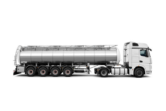 Large tank truck, chrome stainless steel, side view, isolated. Transparent PNG image.