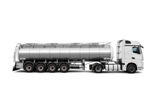 Large tank truck, chrome stainless steel, side view, isolated. Transparent PNG image.