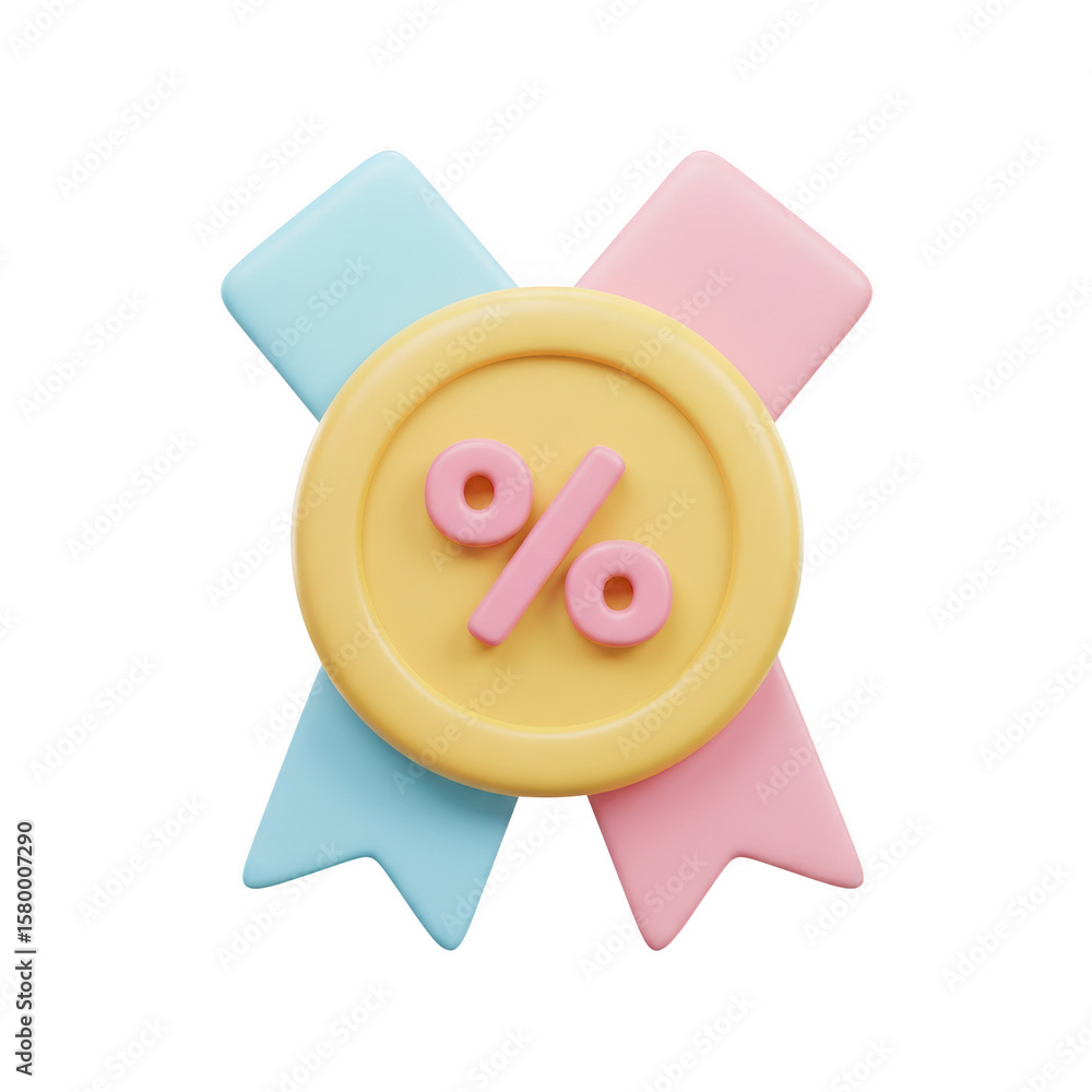 Poster 3d render of a discount badge with a percentage symbol and ribbons isolated on transparent backgroun