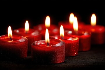 Seven red candles glow in the dark. Use this image for rituals or remembrance.