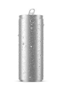 Aluminum beverage slim can 250ml with water droplets isolated. 3D rendering illustration.