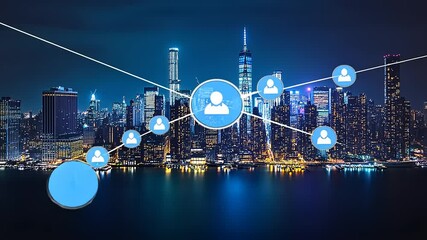 Nighttime city skyline with digital networking icons symbolizing connectivity over water - Powered by Adobe