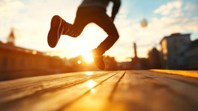 Dynamic urban parkour athlete jumping between structures at sunset captured from low angle emphasizing motion and agility with warm golden light background - Powered by Adobe