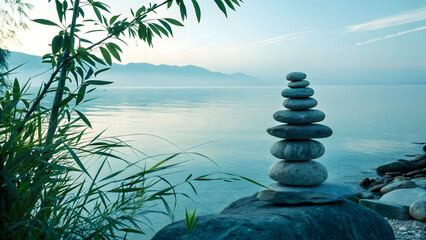 Serene Stone Stack: A peaceful scene showcases a precisely balanced stone stack on a lakeside, invoking calmness and introspection with a soft, natural aesthetic.