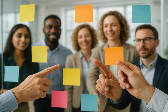 Team Planning in Office: A diverse team of business professionals collaborate and plan their tasks with sticky notes. Showing collaboration, planning and teamwork