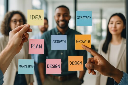 Visionary Thinking: A collaborative workspace where individuals focus on sticky notes, highlighting key aspects of business strategy, innovation, and growth. A symbol of brainstorming, planning.