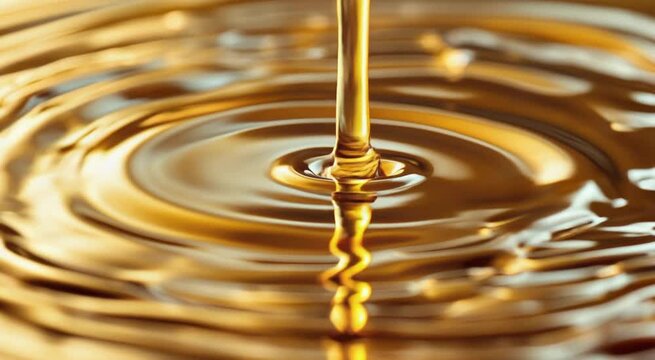 Liquid gold pouring macro shot creating ripples food or industry applications