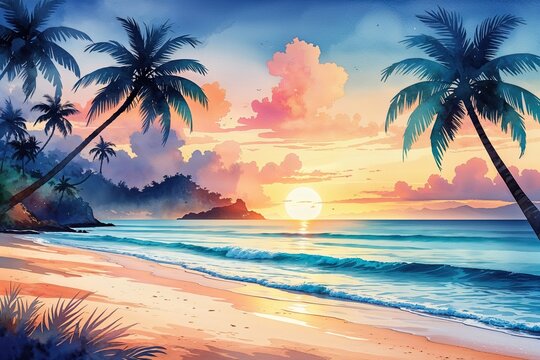 Peaceful Tropical Beach Sunrise Watercolor Vector Art