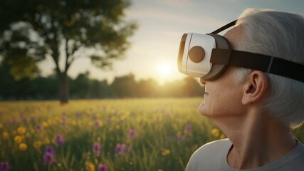 Elderly man enjoying virtual reality in a sunny field - Powered by Adobe