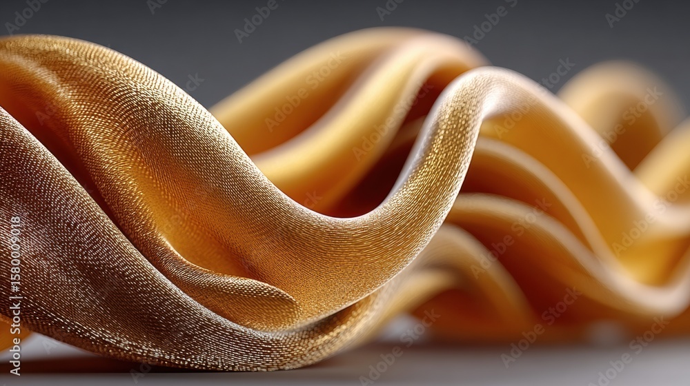 Poster golden fluidity: flowing ribbons of shimmering golden material dance in elegant curves, creating an 