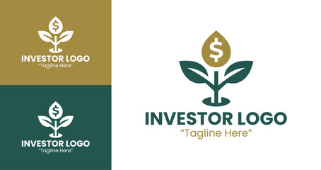 Gold and Dark Green Investor Logo with Dollar Coin and Plant Symbol for Financial Identity
