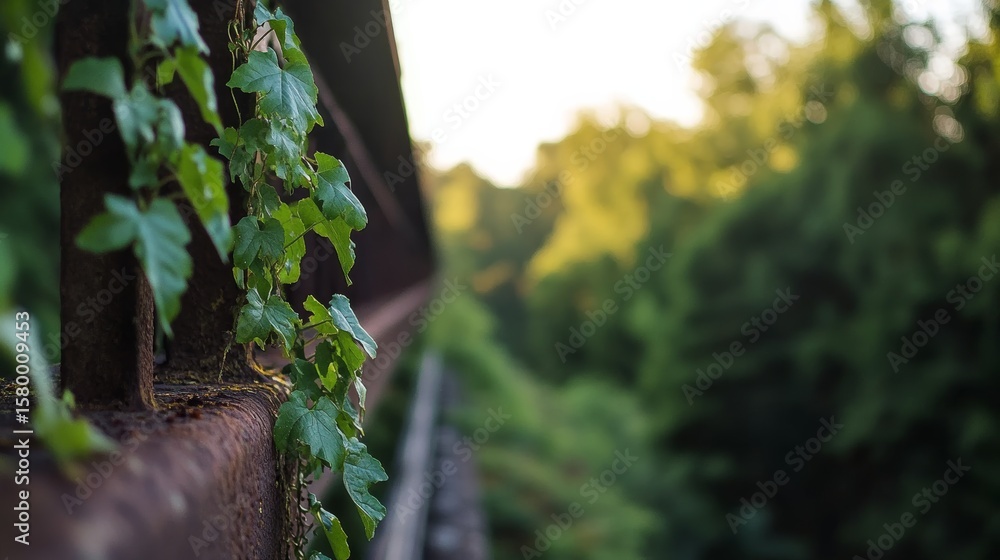 Poster windswept railway bridge covered in lush ivy with sunlight filtering through, blending rusted metal 